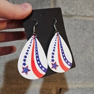 Boutique Faux Leather w/ Patriotic Red White Blue American Flag Design Earrings
